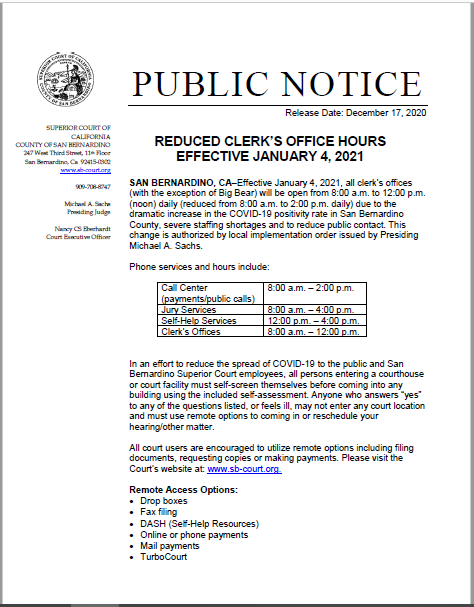 Reduced Clerk's Office Hours Effective January 4, 2021